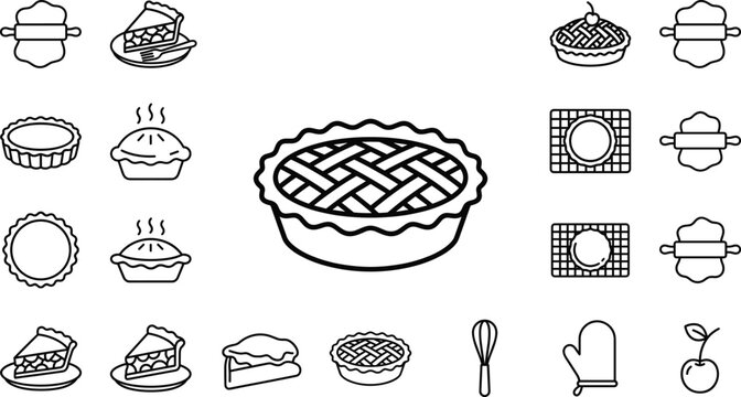 Bakery pie line icon set with homemade lattice crust apple tart rolling pin slice and whisk vector line art