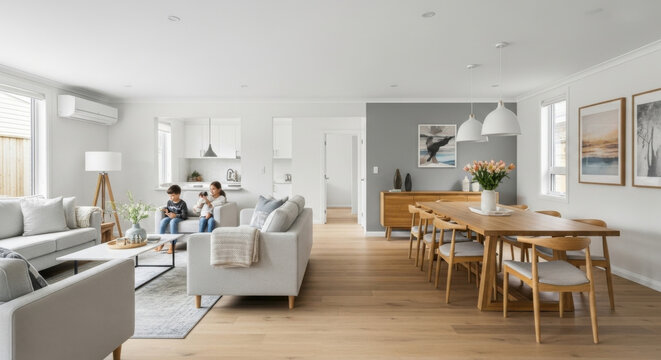 Modern Open Plan Living and Dining Area with Family Enjoying Serene Moments
