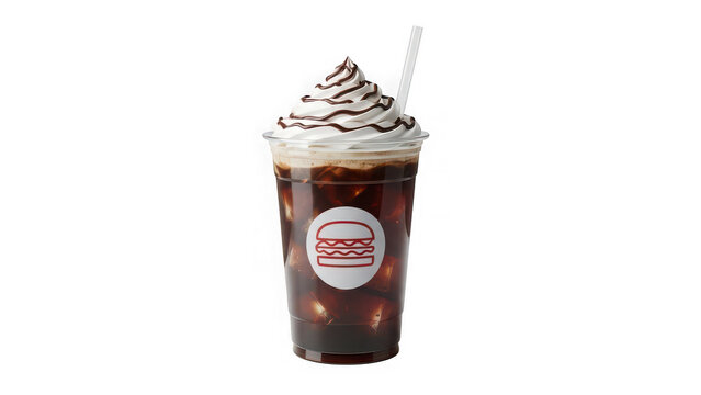 A refreshing iced coffee drink with whipped cream and chocolate drizzle in a plastic cup, isolated on transparent background
