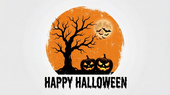 Happy halloween greeting with spooky tree full moon and carved jack o lanterns