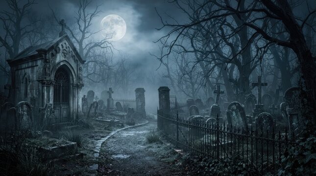 Eerie victorian cemetery at night with mausoleum and full moon digital art