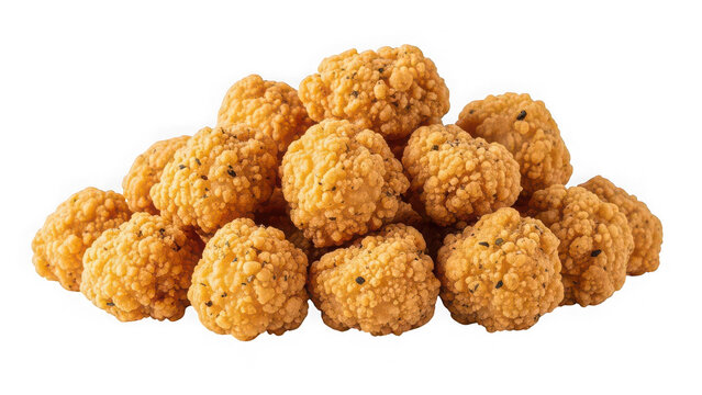 A pile of crispy breaded popcorn chicken bites isolated on transparent background