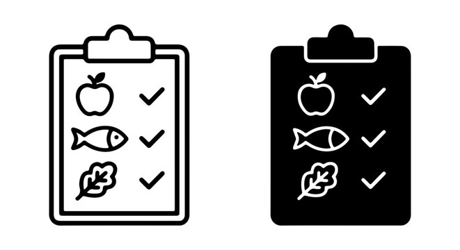 Healthy Food Checklist Icons, Diet Plan Clipboard Vector Graphics, Nutrition Meal List Symbols
