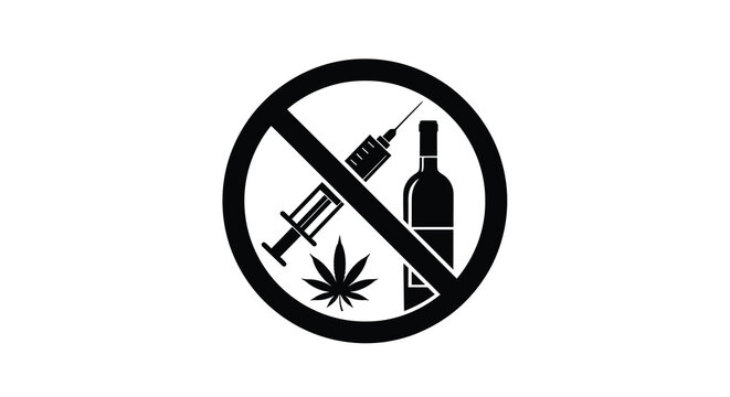 Warning prohibition sign against illegal substance use with syringe and bottle in black silhouette icon.