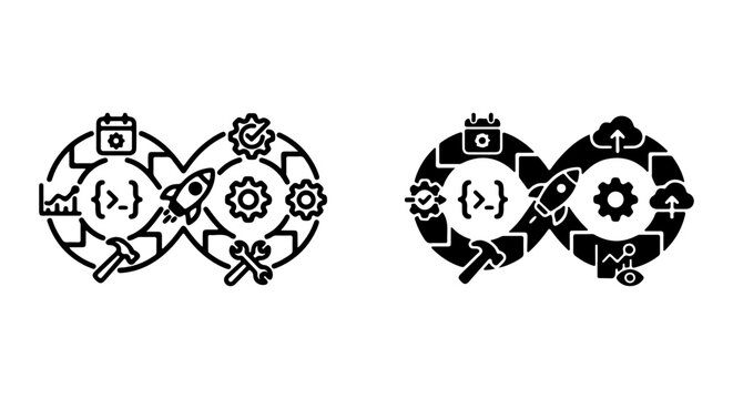 DevOps Icons Set, Continuous Integration Workflow Symbols, Software Development Cycle Vector