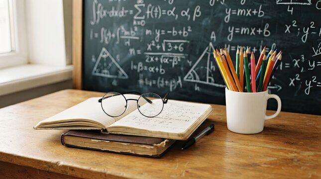 Math classroom desk with books glasses pencils and chalkboard
