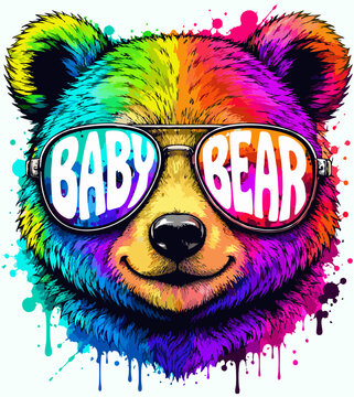 Cute happy baby bear. Artwork design, illustration for T-shirt printing or poster.