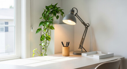 Fototapeta premium Bright Home Office Corner With Desk Lamp and Potted Plant Displaying Natural Light