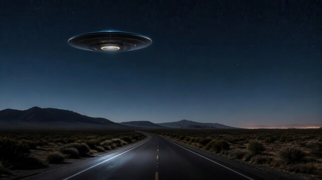 A mysterious flying saucer hovers ominously over a deserted highway stretching through a vast, desolate desert landscape under a star-filled night sky, hinting at extraterrestrial visitation