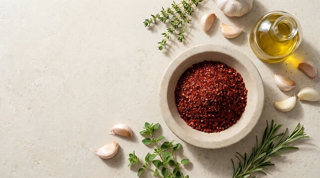A ceramic bowl filled with vibrant red aleppo pepper flakes surrounded by fresh garlic cloves, aromatic rosemary, thyme, and olive oil on a stone surface