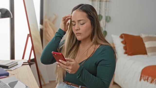 Woman holding a red smartphone with both hands, hand to temple while seated at a desk with laptop, books and lamp in a studio bedroom work nook; study distraction concern.