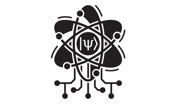 Quantum Computing Atom and Circuit Board Silhouette Icon