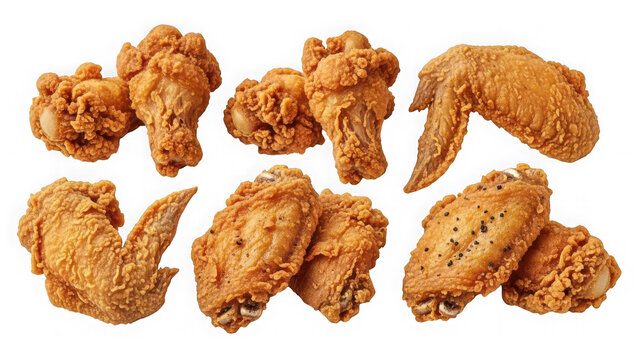 Assorted crispy fried chicken wings and drumettes isolated on transparent background