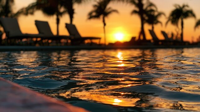 Tropical sunset over a shimmering swimming pool with palm trees