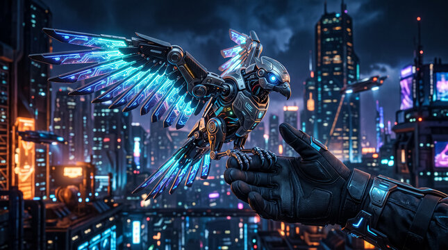 Futuristic robotic bird in a cyberpunk cityscape at night