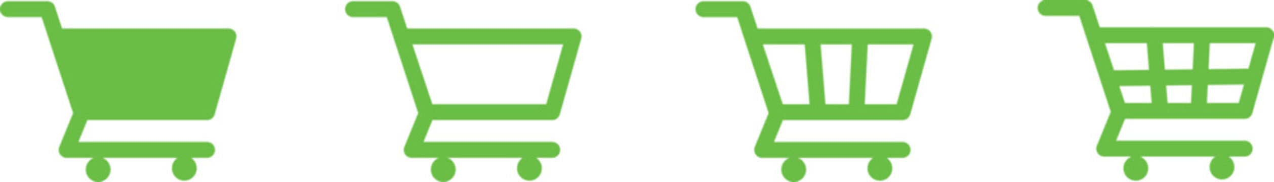 Four green shopping carts icons in different styles on white background for commerce and retail concepts