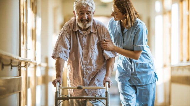 Female caretaker supporting an elderly man's forearm as he steps forward with a walking frame in a care home corridor. Concept of elderly mobility assistance.