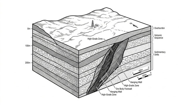 Geological cross section showing rock strata and fault line.