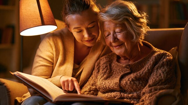 Female caretaker tracing text in a large-print book alongside an elderly woman lit by a reading lamp. Concept of elderly companionship and stimulation.