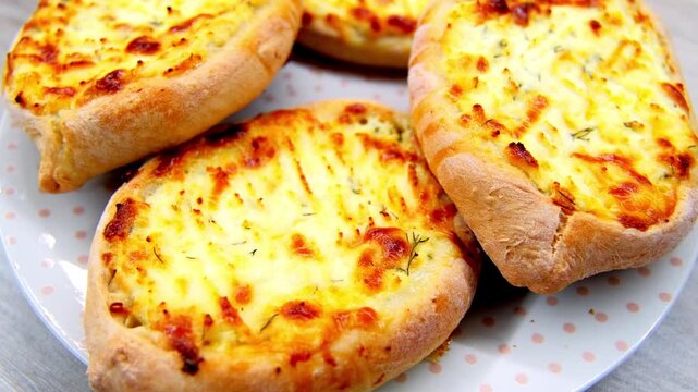 Four khachapuri cooling on dotted plate with bubbling browned cheese and risen crusts under soft diffused light, showing melting surfaces, rich texture, and fresh homemade comfort