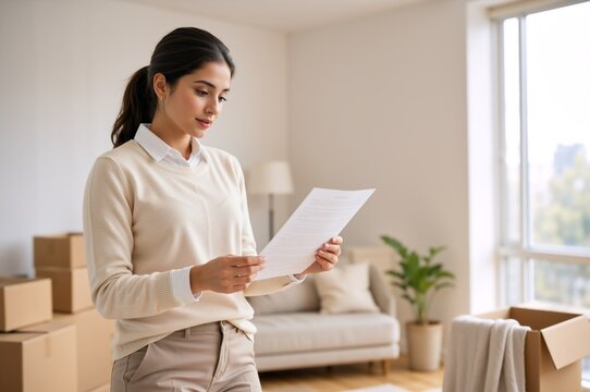 Young woman reading document among moving boxes in new home. Female checking relocation checklist or lease agreement. Moving house concept