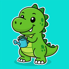Fototapeta premium Cute Gardener Dinosaur Mascot Vector Illustration Holding Sunflower in Kawaii Cartoon Style for Kids Design