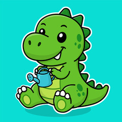Fototapeta premium Cute Gardener Dinosaur Mascot Vector Illustration Holding Sunflower in Kawaii Cartoon Style for Kids Design