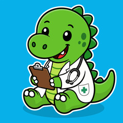 Naklejka premium Cute Doctor Dinosaur Mascot Vector Illustration Holding Clipboard in Kawaii Cartoon Style for Healthcare