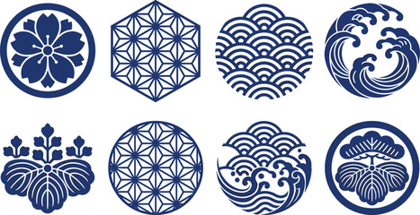 Set of traditional Japanese circular patterns and decorative emblems with floral and oceanic wave motifs © Mokbul