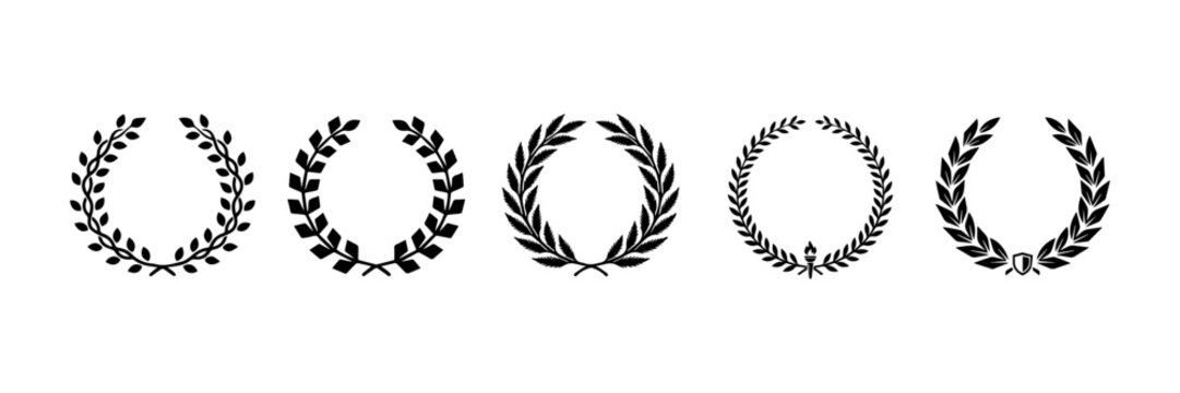 Set black silhouette circular laurel foliate, wheat and oak wreaths depicting an award, achievement, heraldry, nobility on white background