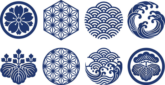 Set of traditional Japanese circular patterns and decorative emblems with floral and oceanic wave motifs