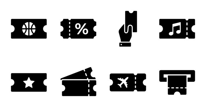 Vector Icons: Tickets, Coupons, Star, Music, Basketball, Plane, Hand, Machine