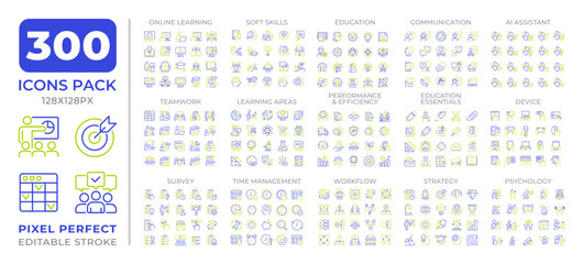 Education two color line icons set collection. Innovative learning programs. School lessons for students bicolor outline mega pack isolated, pixel perfect. Duotone thin lineart. Editable stroke © IMG visuals icons
