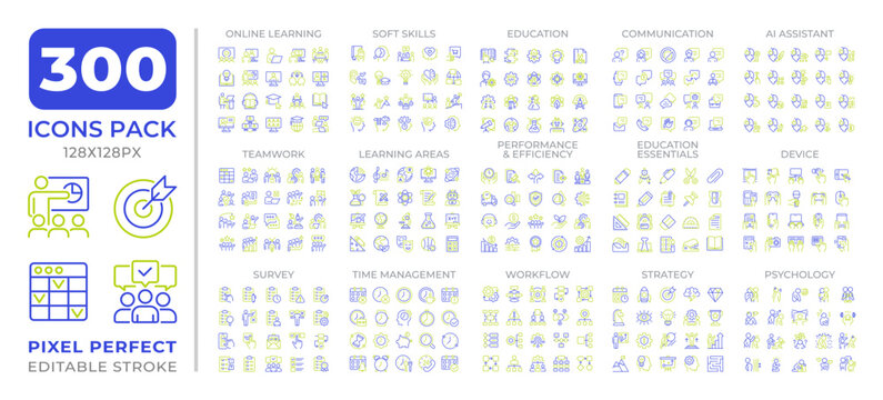 Education two color line icons set collection. Innovative learning programs. School lessons for students bicolor outline mega pack isolated, pixel perfect. Duotone thin lineart. Editable stroke