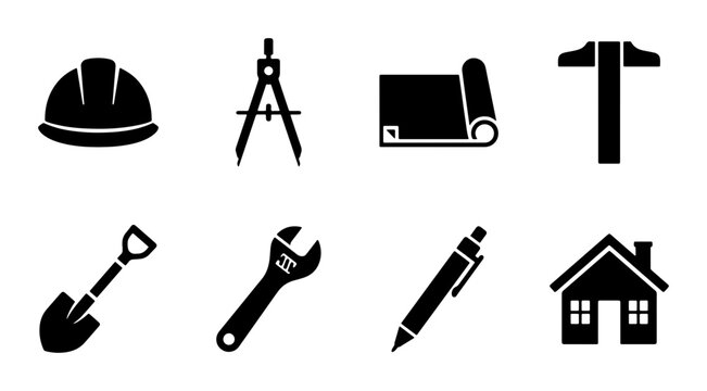 Construction Icons Set: Hard Hat, Compass, Blueprint, T-Square, Shovel, Wrench, Pen, House