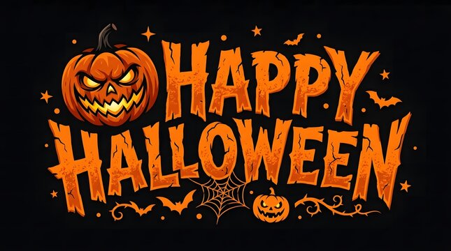 A vibrant Happy Halloween greeting card featuring stylized orange text with a wicked jack-o'-lantern, spider webs, and flying bats set against a solid black background.