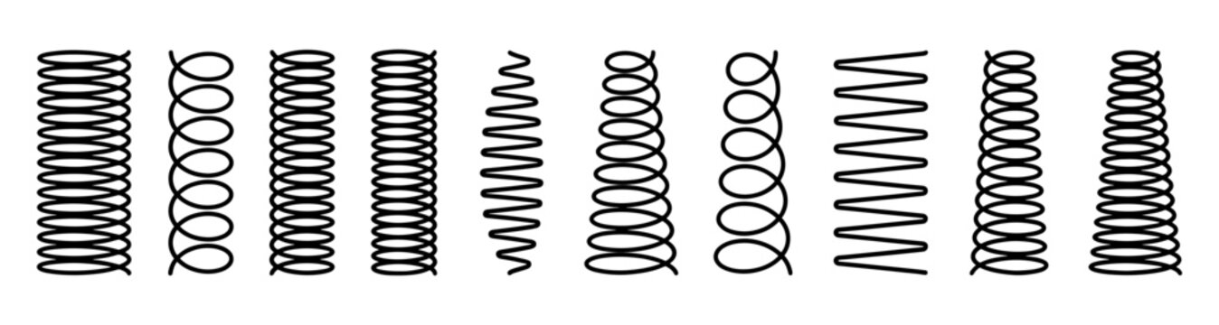 Spring vector outline, Mechanical spring vector set isolated on white background, Metal spring set, Hand drawn metal springs and coil set