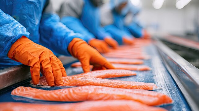 Workers in bright gloves process raw fish fillets on a conveyor belt
