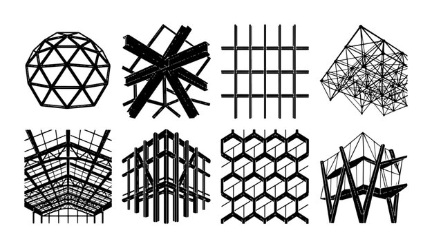 Geometric Structure Icons, Abstract Architectural Forms, Modern Design Elements, Black and White Vector Set