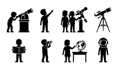 Children Exploring Space, Astronomy, Science Icons Set: Vector Graphics for Education and Discovery © Latif