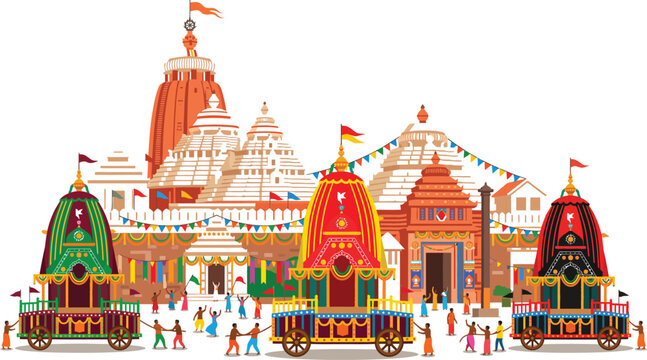 Jagannath puri rath yatra festival illustration with temple and chariots