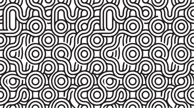 Seamless black and white geometric pattern with abstract concentric circles and winding maze lines