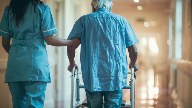 Female caretaker supporting an elderly man's forearm as he steps forward with a walking frame in a care home corridor. Concept of elderly mobility assistance.