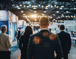 Fototapeta premium Business professionals networking and exploring exhibition stands during a corporate trade fair. Modern event concept focused on innovation, partnerships and commercial opportunities.