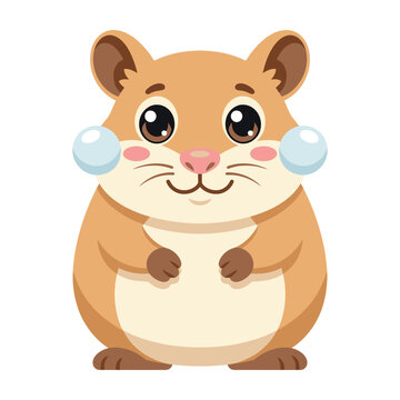 Cute hamster cartoon character with blue bubbles in cheeks standing on hind legs smiling