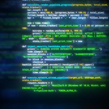 Abstract programming code on computer screen with selective focus. Futuristic digital software development technology concept. Python source code on screen with bokeh effect.