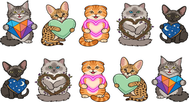 Cute Cat Breed Vector Icon Set with Adorable Kittens Holding Neon Glowing Floral Pastel Mint and Geometric Love Hearts for Valentines Day Designs