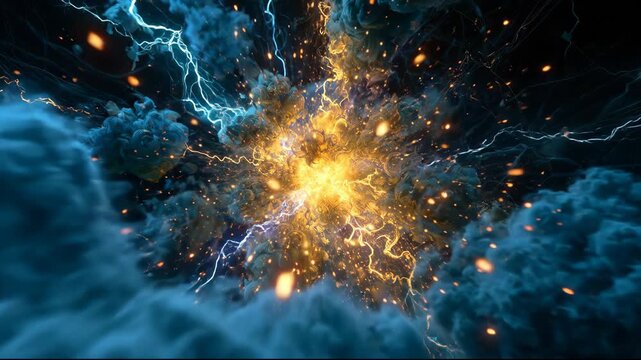Explosive energy burst with lightning and glowing fire clouds expanding in dark space for cinematic intro
