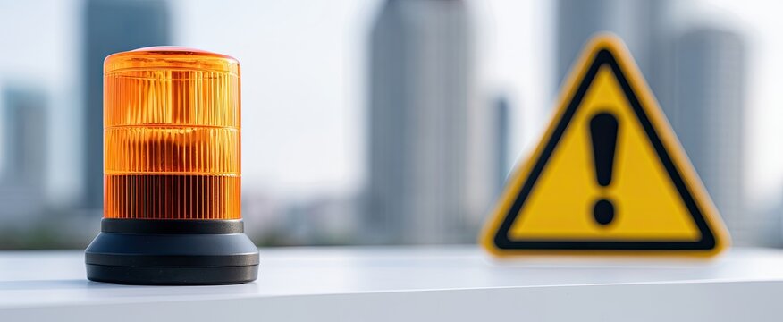 Amber warning beacon and hazard sign against blurred city buildings