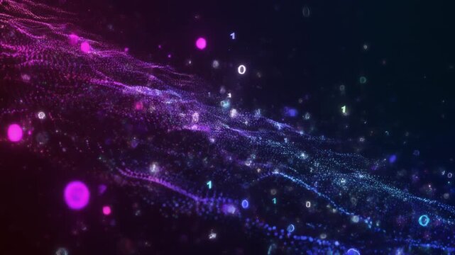 Abstract digital particles flow with glowing binary code data stream motion background